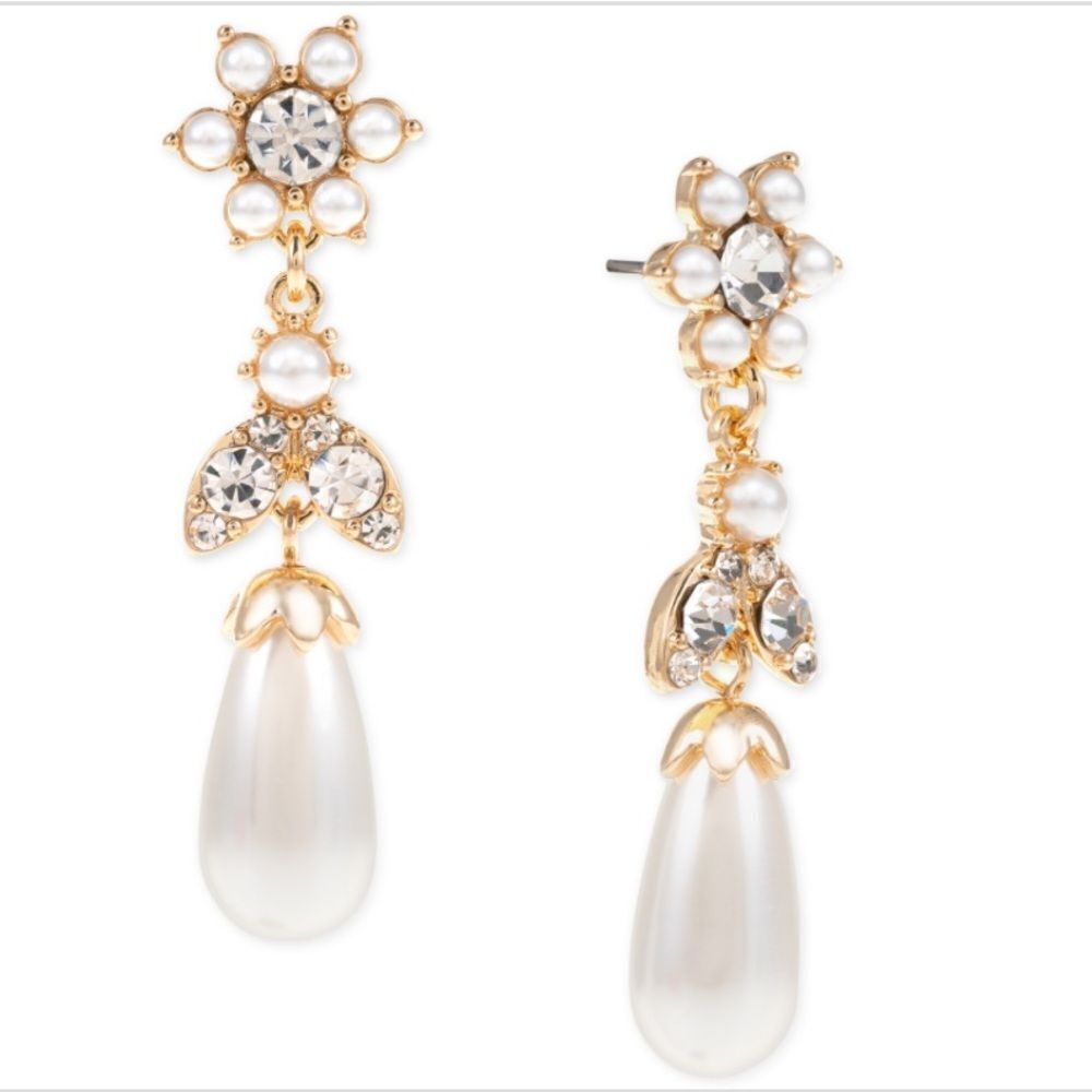 NWT Charter Club Gold-Tone Crystal & Imitation Pearl Flower Drop Earrings